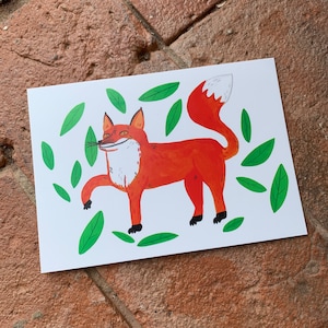 Fröhlicher Fuchs, Blatt, wild Illustration - A6 Postkarte, Mini Kunstdruck