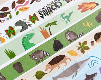 Fun Washi Paper Tape, 9 varieties, Raccoon, Dogs, Dinosaurs, Whales and more, Washi tape for journals notebooks and scrapbooking