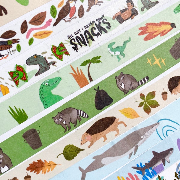 Fun Washi Paper Tape, 9 varieties, Raccoon, Dogs, Dinosaurs, Whales and more, Washi tape for journals notebooks and scrapbooking