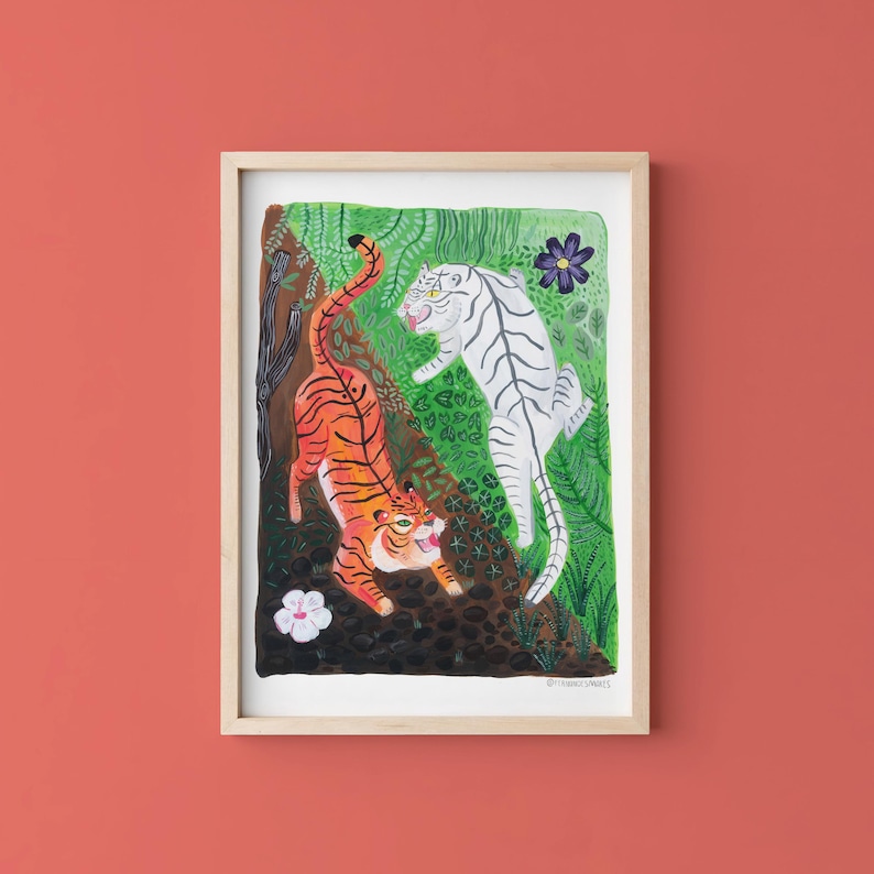 Yin en yang tijgers print - leuke, motiverende kunst print, witte tijger illustratie, jungle dieren, oude Chinees geïnspireerde kunst, natuur afbeelding 1