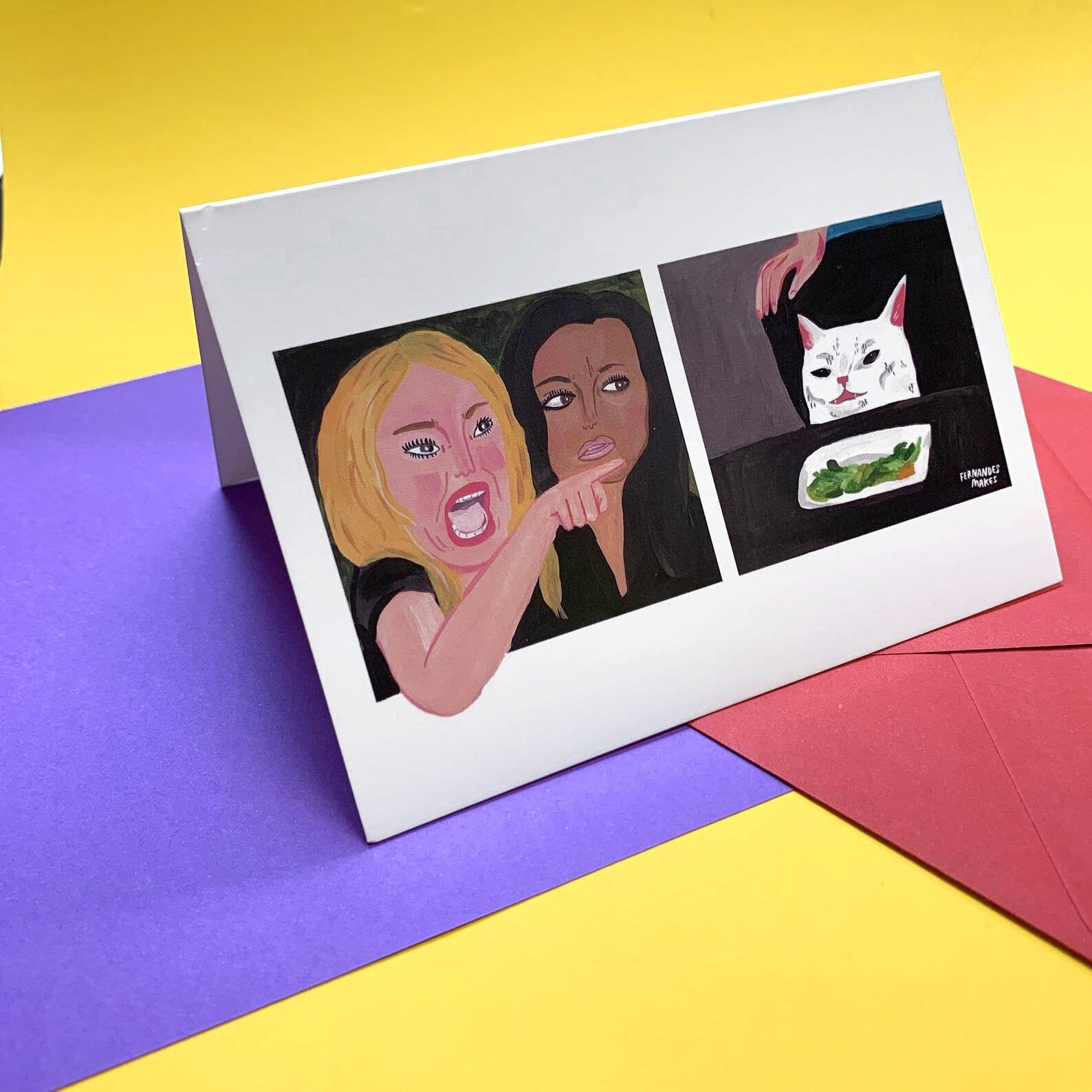 Yelling Woman and Angry Cat Greetings Card - Write your own MEME - Funny Illustrated Meme Card For Any Occasion, Blank Inside, Humour