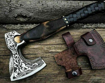 Hacha vikinga nórdica hecha a mano, hacha con barba tallada, funda de cuero