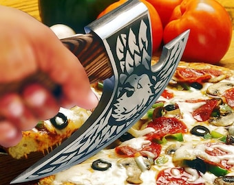 Hacha vikinga para cortar pizza hecha a mano: regalo rústico para la cocina