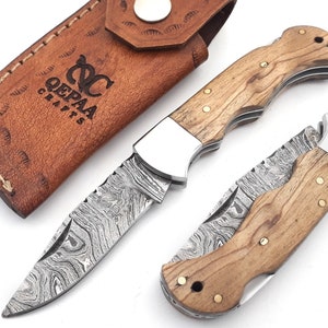 HANDMADE DAMASCUS Folding Knife, Copper Pocket Knife horn & Rose Wood Handle Copper Anniversary Gift for Him, Christmas Gift