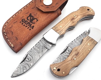 Cuchillo plegable de Damasco hecho a mano, mango de madera de rosa y cuerno, regalo de aniversario de cobre/regalo para amigos