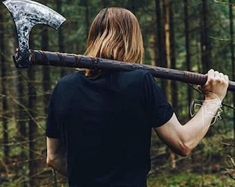 Hacha vikinga forjada a mano, hoja de acero al carbono, mango de madera, 96 cm