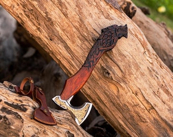 Hacha vikinga nórdica medieval Fenrir, mango de lobo tallado en madera, réplica de hacha