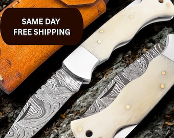 Navaja plegable de Damasco hecha a mano: Navaja de bolsillo personalizada con funda de cuero.
