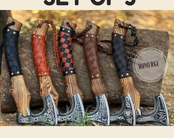 Hacha vikinga de acero al carbono hecha a mano, mango de palisandro y funda de cuero.