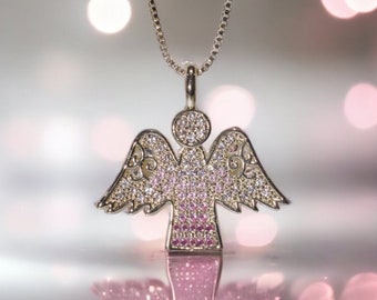 Gold Pink CZ Angel Wing Necklace, Guardian Angel Pendant, Pretty in Pink Jewelry, Faith Inspired Keepsake, Memorial Gift