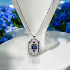 Sapphire Art Deco Necklace, Sapphire Jewelry, September Birthstone, Vintage Inspired Statement Necklace, Pendant Necklace, Something Blue