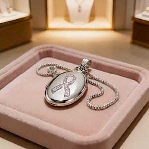 Puede incluir: Collar ovalado de plata con un diseño de lazo rosa, engastado con gemas rosas. El collar, con una cadena de plata, descansa sobre una superficie de terciopelo rosa. La escena sugiere una joyería.