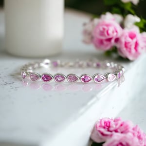 Pink Sapphire Pear Tennis Bracelet, Minimalist Stackable Bracelet, Bracelet, Silver Bracelet, Something Pink Bracelet, Pink Sapphire