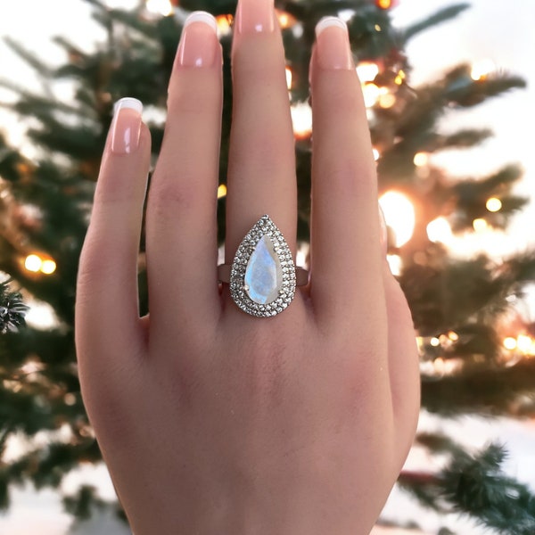 Double Halo Pear Ring, Moonstone CZ Ring, Pear Engagement Ring, Statement Ring, Art Deco, Gift for her, Cocktail Ring, Silver, ON Sale