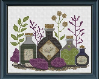May include: Five glass bottles with cork stoppers filled with different coloured liquids. The bottles are surrounded by purple mushrooms and green and purple plants.