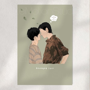 Puede incluir: Ilustración de dos figuras a punto de besarse, sobre un fondo verde apagado. Una figura lleva una camisa marrón estampada, la otra una camisa beige a rayas. El texto incluye "I'm responsible for loving you" y "Revenged love."
