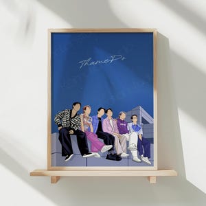 Pu&ograve; includere: Un'illustrazione digitale di sette persone sedute su un cornicione contro un cielo notturno blu. L'illustrazione &egrave; in stile cartone animato e presenta il testo "Thame P".