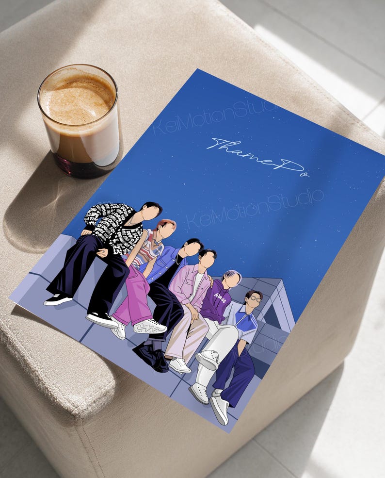 Pu&ograve; includere: Un'illustrazione digitale di sette persone sedute su un cornicione contro un cielo blu con stelle. Le persone indossano abiti casual e guardano lo spettatore. Il testo "Thane P." &egrave; scritto in bianco nella parte superiore dell'immagine.
