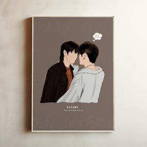 May include: A framed art print depicting two figures with dark hair and neutral skin tones, facing each other. One wears a black jacket over an orange shirt, the other a white shirt. The print includes the text "REVAMP The Undead Story".