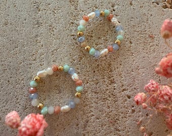 Perlenring Gold Ring vergoldet Edelstahl elastischer Ring pastellfarben