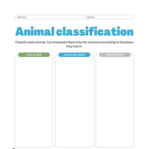 May include: A printable worksheet for classifying animals. The worksheet has three columns labelled "Lives on land", "Lives in the water", and "Lives in the air".