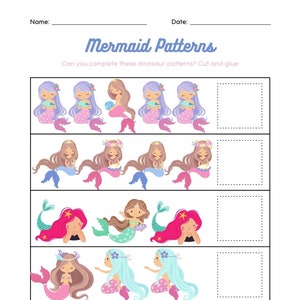Peut inclure: Une feuille de travail imprimable avec une activité de motif de sirène. La feuille de travail comporte cinq rangées de sirènes avec un espace vide à la fin de chaque rangée. Les sirènes portent des couronnes de différentes couleurs et tiennent différents objets. La rangée du bas comporte cinq sirènes qui peuvent être découpées et collées dans les espaces vides.