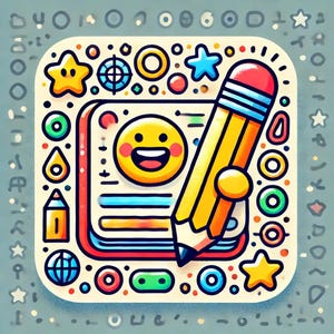May include: A colourful illustration of a notebook with a smiling face on the cover, a yellow pencil with a red eraser, and various other doodles around it.
