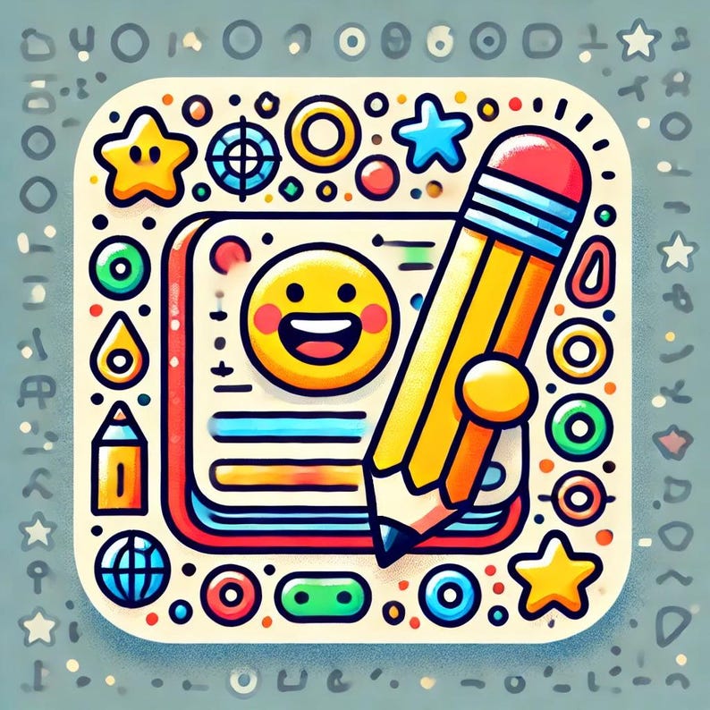 May include: A colourful illustration of a notebook with a smiling face on the cover, a yellow pencil with a red eraser, and various other doodles around it.
