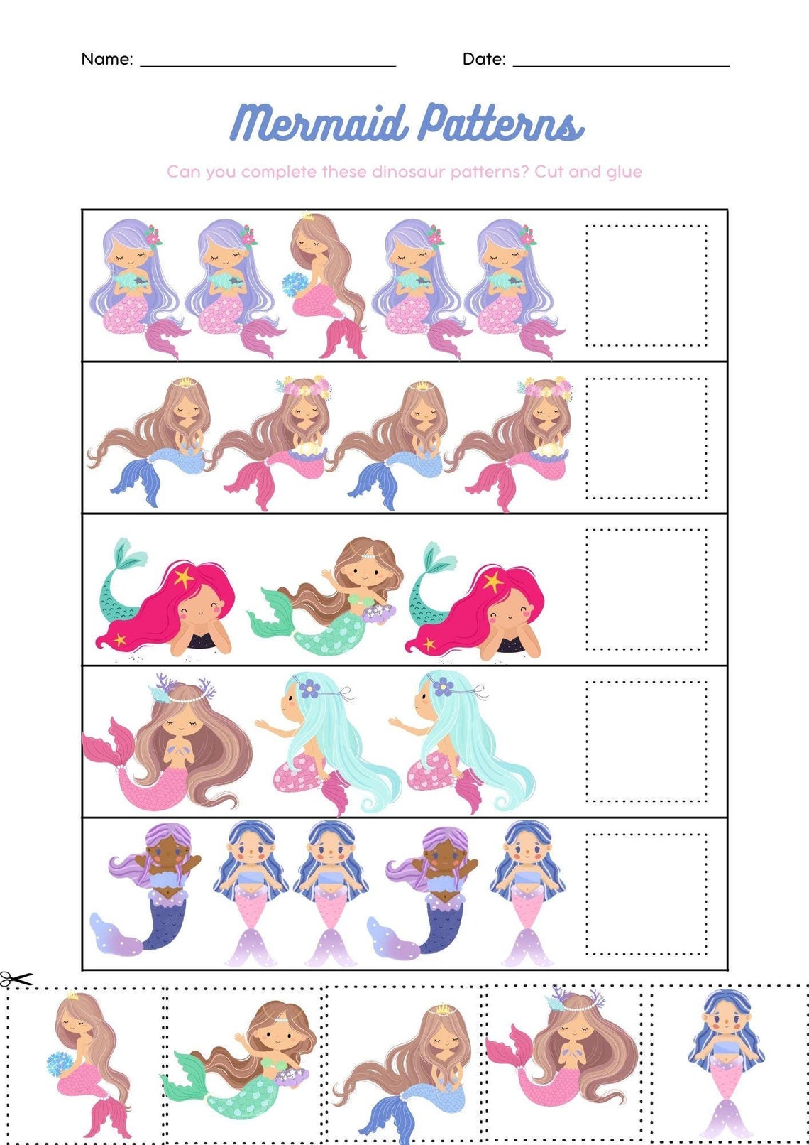 Colorful Mermaid Patterns Math Worksheet - Etsy