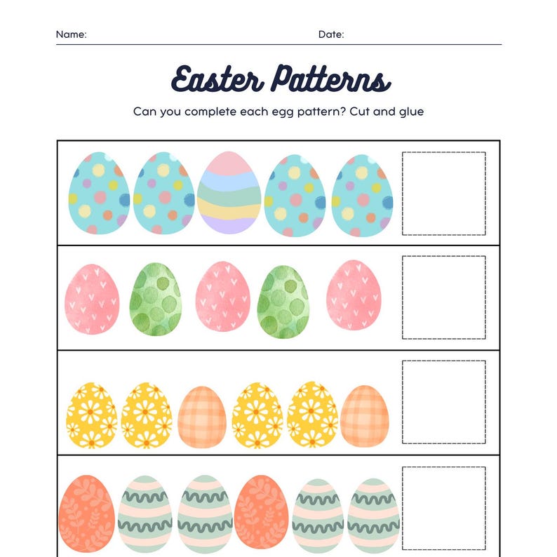May include: A printable worksheet with the title "Easter Patterns" and instructions to complete each egg pattern by cutting and gluing. The worksheet features four rows of colourful Easter eggs with different patterns.