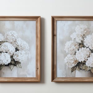 Utskrivbar konst - Eleganta vita hortensior, set med två - Texturerad blommig oljemålning på duk, digital nedladdning - Paket