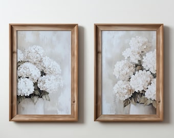 Printable Art - Elegant White Hydrangeas SET OF TWO - Textured Floral Oil Painting on Canvas Digital Download - Bundle