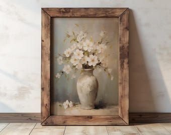 White Blossoms in Vintage Vase | Impressionist Floral Oil Painting | Soft Neutral Wall Art | Romantic Cottagecore Decor - Digital Download