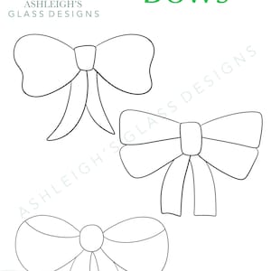 May include: Line drawings of three different bow designs. The word "Bows" is in green text at the top. The logo for "Ashleigh's Glass Designs" is at the top left and repeated in a watermark across the image.