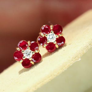 18K Gold Ruby Diamond Stud Earrings, Pigeon Blood Ruby, Luxurious Lucky Chrm