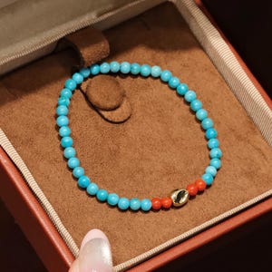 18K Gold Turquoise & Red Agate Bracelet: Boho Beaded Jewelry
