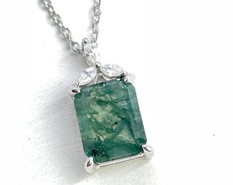 Green Moss Agate Pendant Necklace: S925 Sterling Silver Minimalist Jewelry