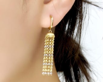 18K Solid Gold Tassel Earrings: Elegant Dangle Fringe