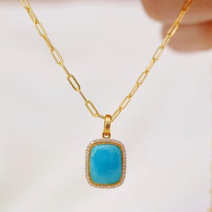 18K Gold Turquoise Diamond Square Pendant – Natural Blue Turquoise Charm with Accent Diamonds, Solid Gold Pendant