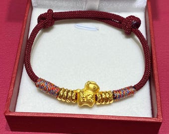 24K Pure Gold Fortune Horse Bracelet  Lucky Coin Charm Red Cord Wealth & Good Luck Jewelry