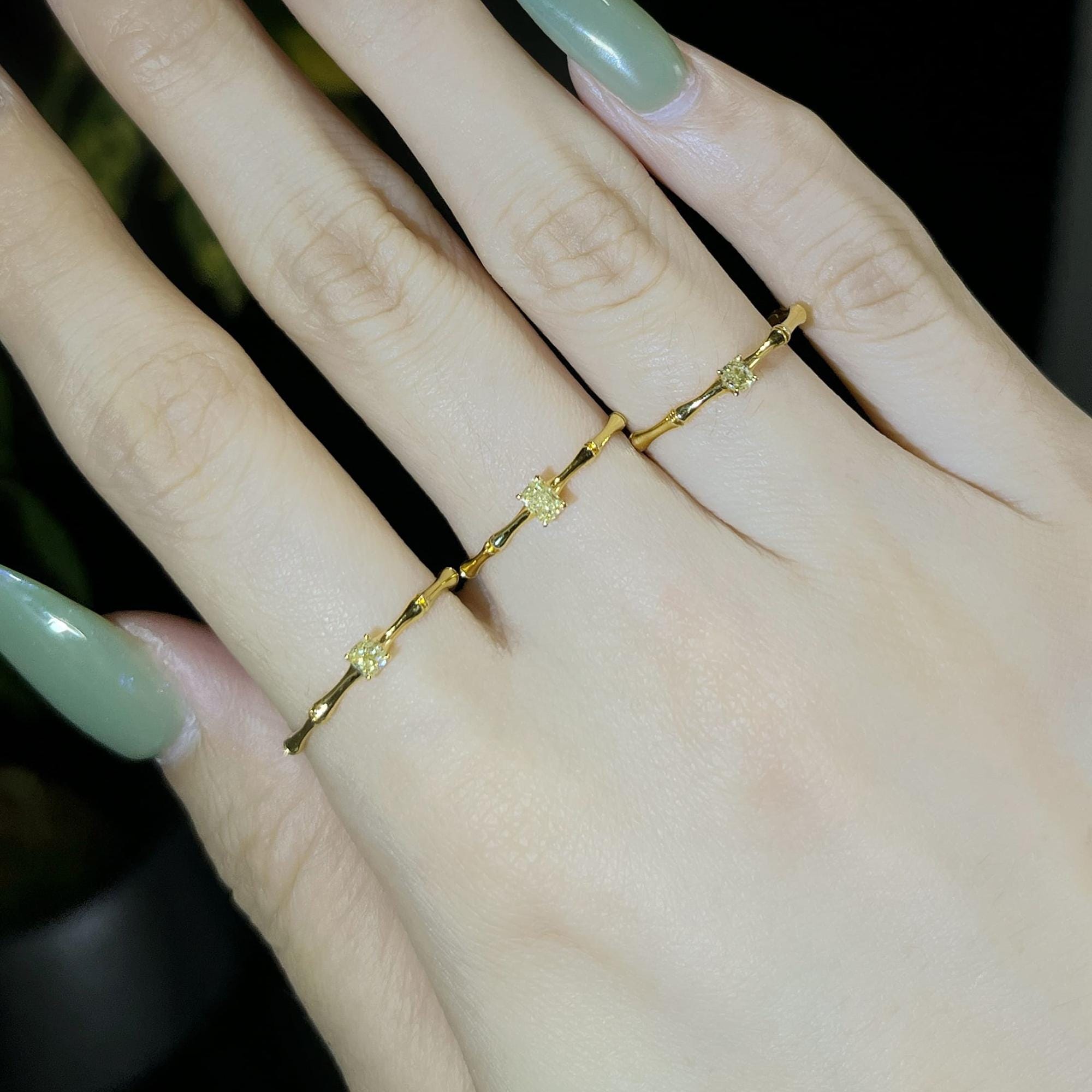 最終値下げ18k ファンシーイエローダイヤモンド リング ＃8.5号 バンブー柄