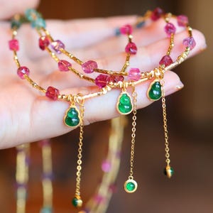 18K Gold Tourmaline & Jadeite Pendant Necklace – Elegant Natural Gemstone Jewelry for Women