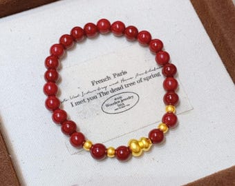Pulsera de oro de 24 quilates con forma de calabaza y bermellón, pulsera de cuentas de oro puro 999, pulsera de la suerte Feng Shui, joyería de la fortuna y la riqueza, regalo para ella.