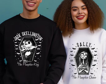 Sally and Jack Skellington Halloween Sweatshirt, The Pumpkin King and Queen Sweater, Matching Couple Hoodies