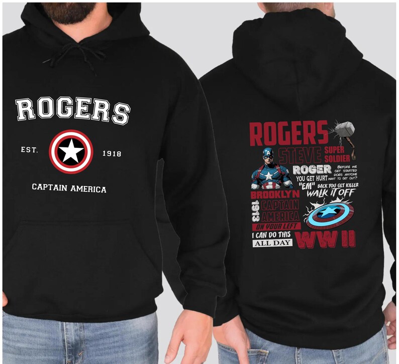 Puede incluir: Sudadera con capucha negra con tem&aacute;tica de Capit&aacute;n Am&eacute;rica. La parte delantera presenta las palabras "Rogers" con el escudo del Capit&aacute;n Am&eacute;rica y el texto "Est. 1918 Capit&aacute;n Am&eacute;rica". La parte trasera presenta las palabras "Rogers Steve Super Soldier" con una imagen del Capit&aacute;n Am&eacute;rica y el texto "I can do this all day WWII".