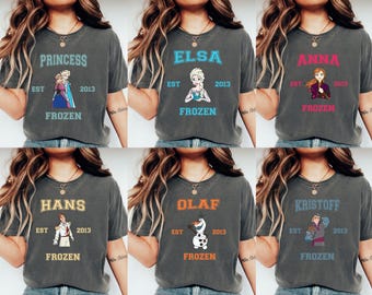Frozen Varsity T-shirt, Disney Frozen Characters Sweaters, Matching Family Trip Tees, Birthday Tees, Princess Elsa Anna Kristof Hans Olaf