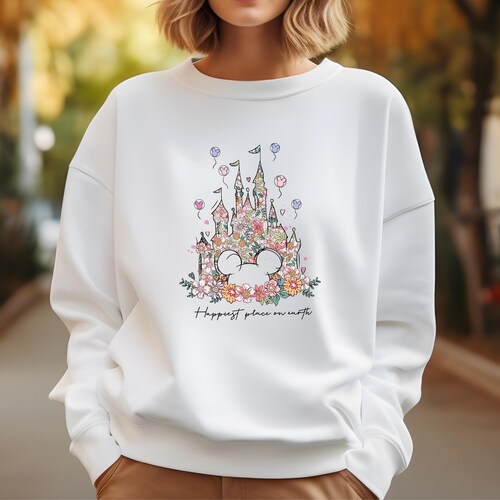 Sudadera con estampado floral "El lugar más feliz del mundo", sudadera con capucha "Castillo de Disneyland", suéteres "Castillo mágico" para mujer, cuello redondo "Viaje de chicas a Disneyland"