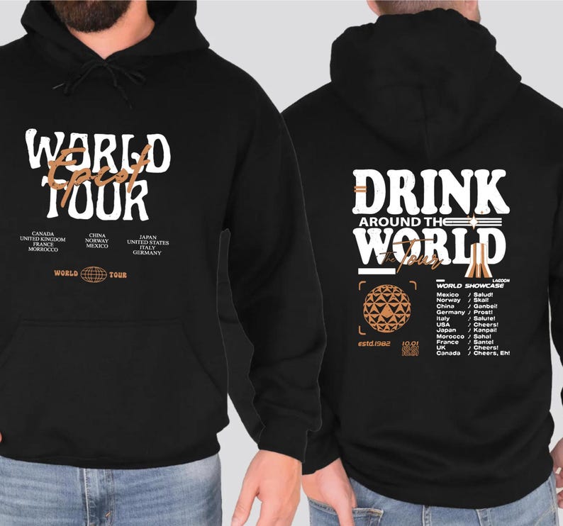 Retro Epcot World Tour Sweatshirt, Drink Around The World Hoodie, Disney World Traveler Food & Wine Festival, Men's Disneyland Crewneck image 2