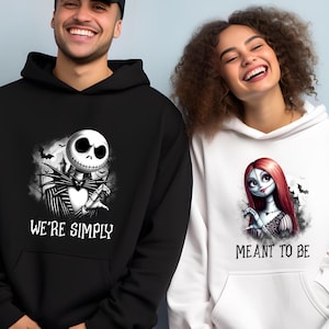 Sally and Jack Skellington Halloween Sweaters, Horror Movies Lovers, We&#39;re Meant to Be Matching Couple Halloween Hoodies,  Spooky Vibes