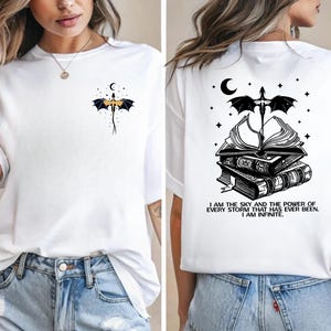 The image is a collage of two photos of a woman wearing a white t-shirt with a dragon design and a quote on the back.